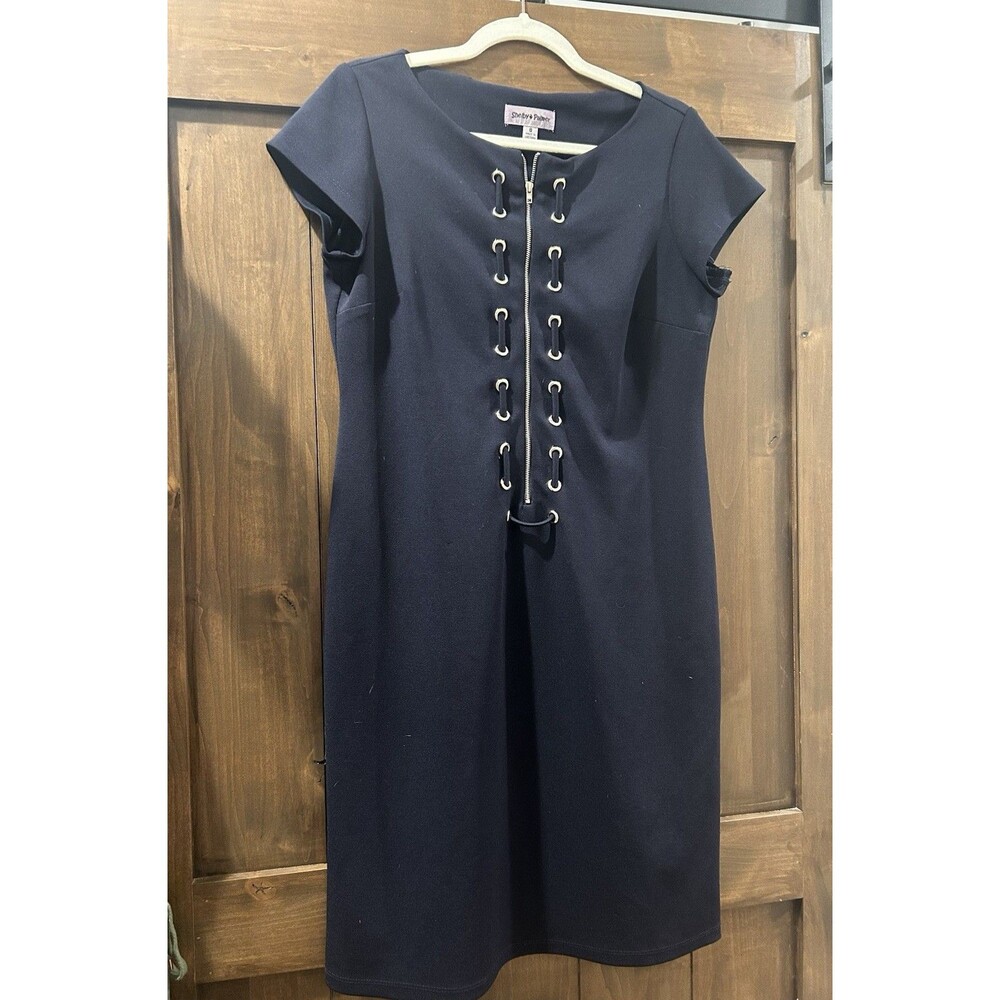 E451 Shelby and Palmer Navy Grommet Lace Up and Zip Detail Dress Size 8